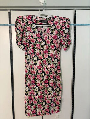 All That Jazz Vintage Dress Sz 5/6 Navy Pink Floral Puff Sleeve Pearl Button